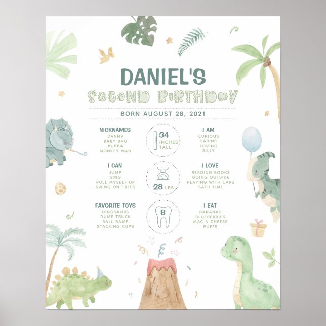 Póster Gráfico de hito de cumpleaños número 2 de Dinosaur (Frente)