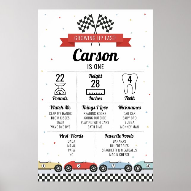 Póster Gráfico de hitos de cumpleaños de coche de carrera (Frente)