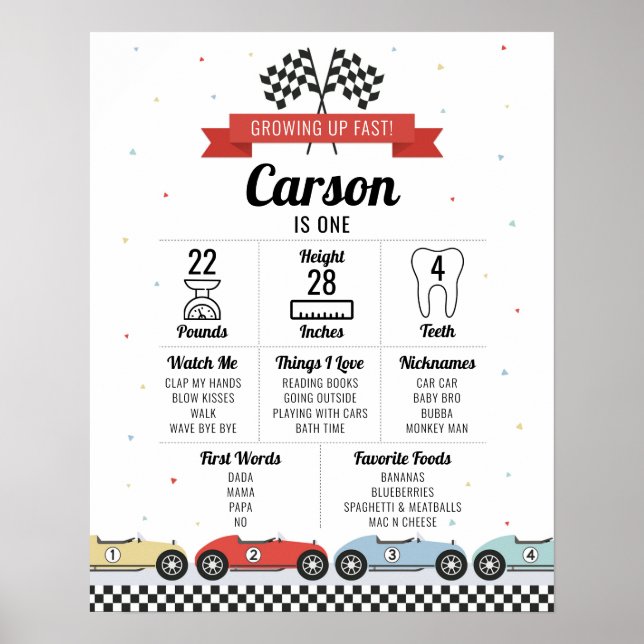 Póster Gráfico de hitos de cumpleaños de coche de carrera (Frente)