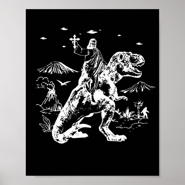 Póster Gráfico de Jesús Montando Dinosaurios OVNI 90 (Frente)