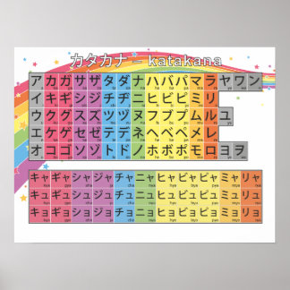 Póster Gráfico de Katakana - Arcoiris blanco estrellado