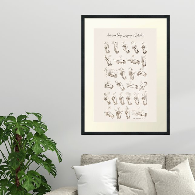 Póster Gráfico de lenguaje de Rótulo ASL americano de épo (vintage American Sign Language alphabet chart poster)