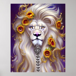 Póster Gráfico de León Blanco Magico y Girasoles