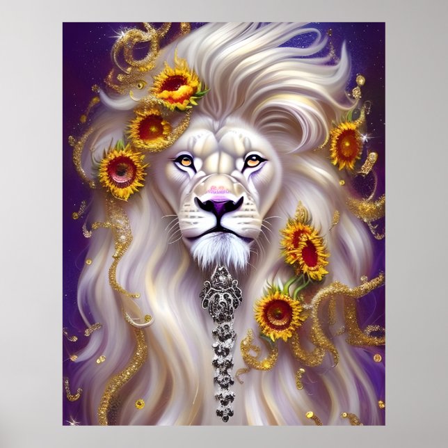 Póster Gráfico de León Blanco Magico y Girasoles (Frente)
