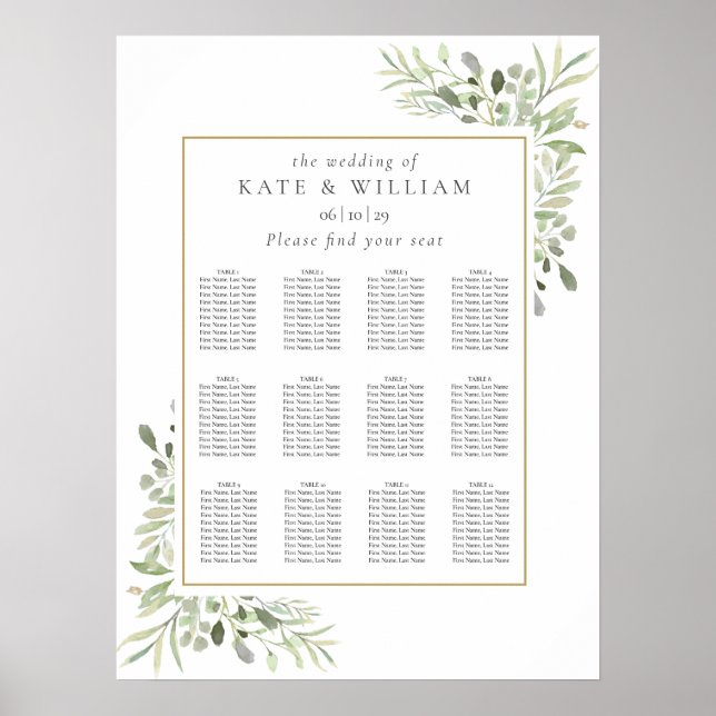 Póster Gráfico de Plan de Asientos de Boda de Vegetación  (Frente)