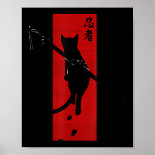 Póster Gráfico del gato japonés samurai Ninja Kawaii Tatt