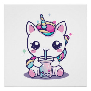 Póster Gráfico lindo de Kawaii Unicornio comendo Sopa de