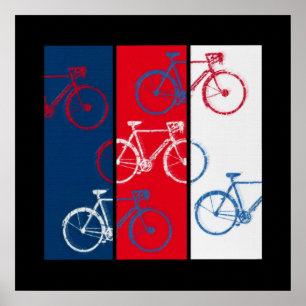 Póster gráficos rojos, azules y blancos y bicicletas geni