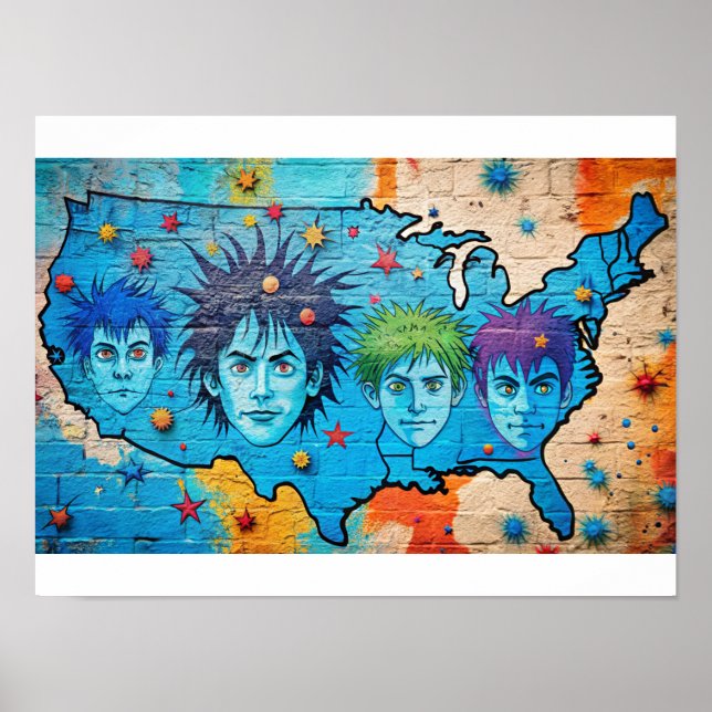 Póster Grafitti Watercolor USA Map (Frente)