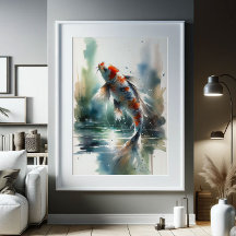 Gran acuarela pintura colorida Koi Fish Art
