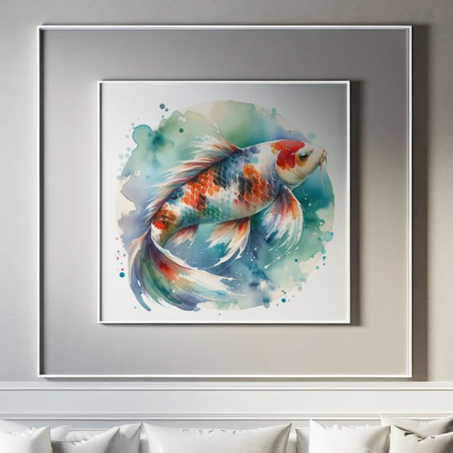 Póster Gran acuarela pintura Koi Fish Art (Large koi fish watercolor painting in shades of red, orange , blue and green.)