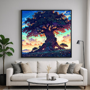 Póster Gran Árbol - Vibrante paisaje de estilo Ilustracio