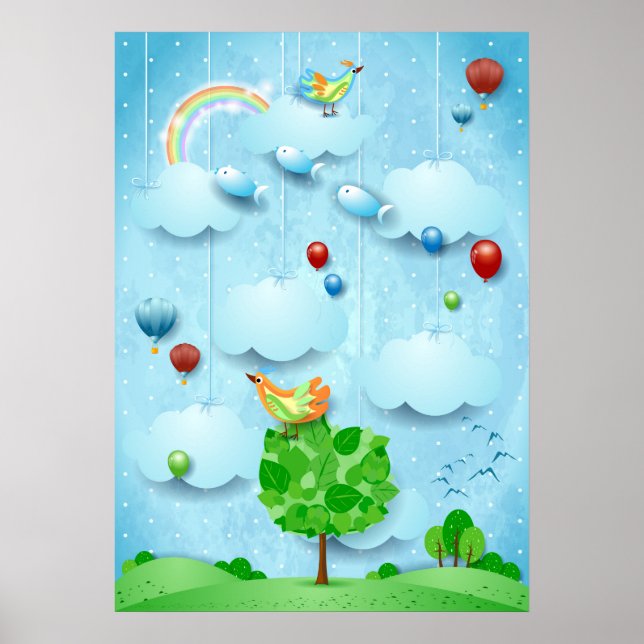 Póster Gran árbol y peces voladores (Frente)