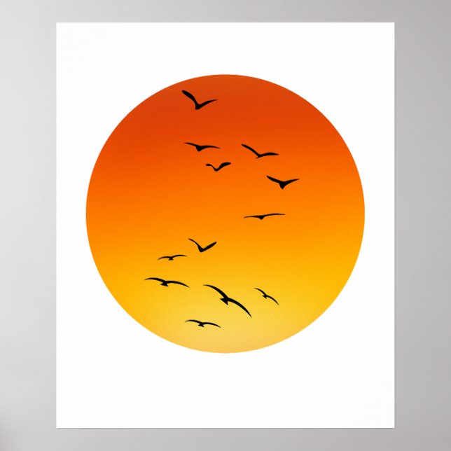 Póster Gran bandada de aves volando hacia un sol brillant (Frente)