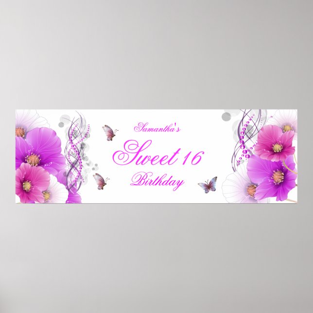 Póster gran banner Cumpleaños Bonito Floral Rosa Blanco (Frente)