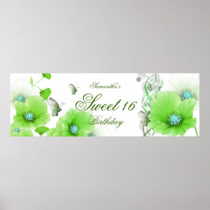 Póster gran banner Cumpleaños Bonito Verde Floral Blanco