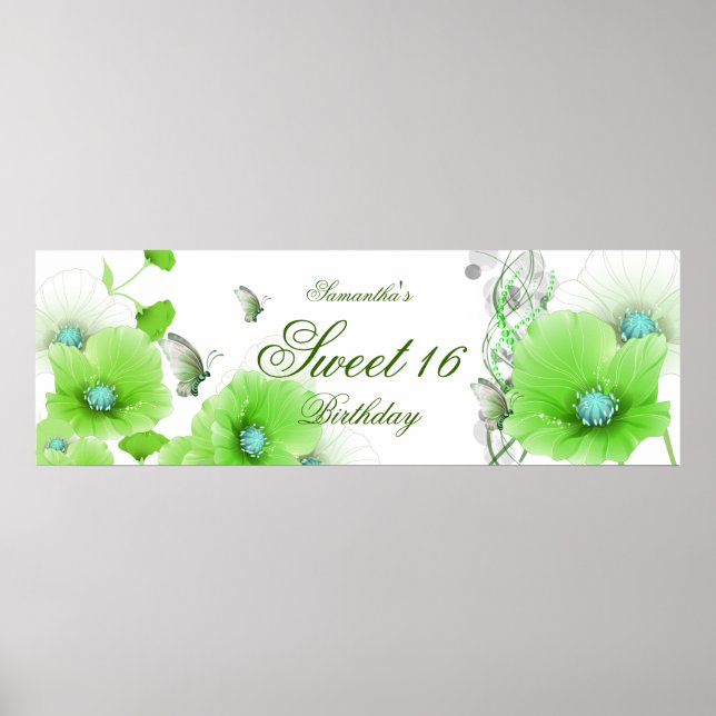 Póster gran banner Cumpleaños Bonito Verde Floral Blanco (Frente)
