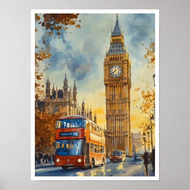 Póster Gran Ben Londres Inglaterra Ilustracion de Viajes  (Frente)