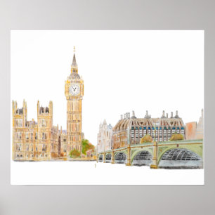 Póster Gran Ben y acuarela del palacio Westminster