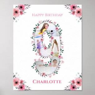 Póster Gran Chica de cumpleaños Collage de fotos Flor ros