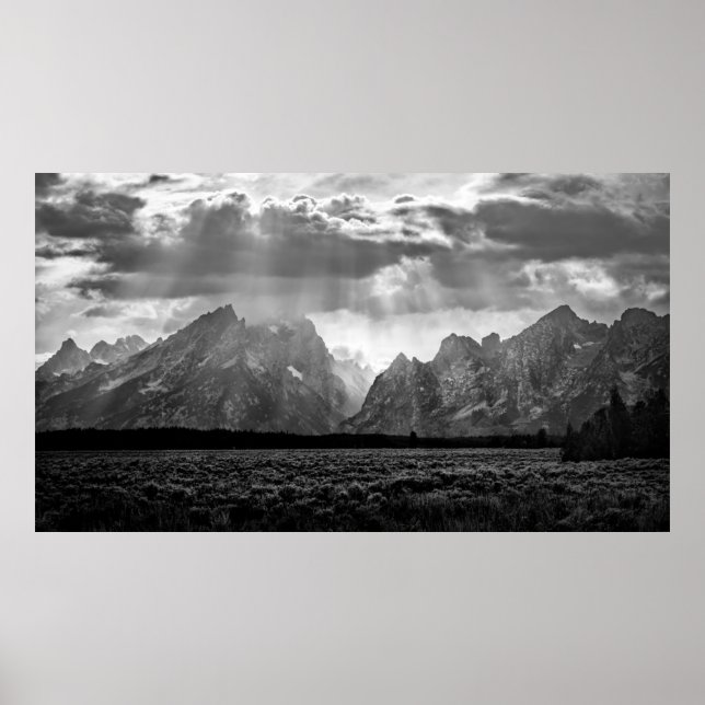 Póster Gran Cordillera de Teton en blanco y negro (Frente)