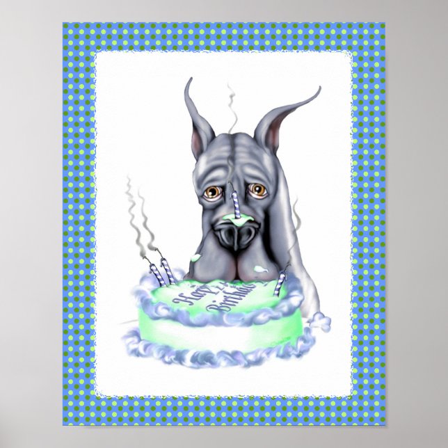 Póster Gran Dane Blue Birday Cake Face (Frente)