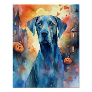 Póster Gran Danés de Halloween con Calabazas Espeluznante