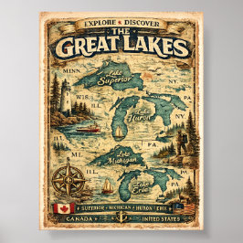 Póster Gran Destino Mapa Antiguo de los Lagos