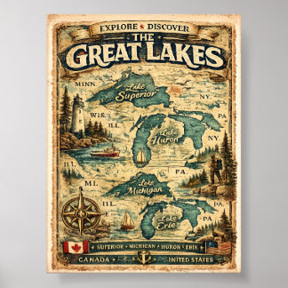 Póster Gran Destino Mapa Antiguo de los Lagos