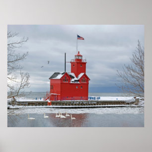Póster Gran Faro Rojo De Michigan Con Cisnes
