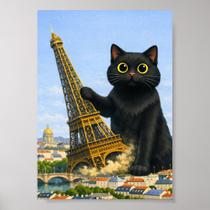 Póster Gran Gato Negro Derriba la Torre Eiffel Pensando e