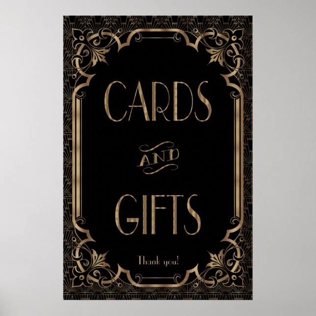 Póster Gran Gatsby Negro Art Deco Tarjetas y Rótulo de Re (Frente)