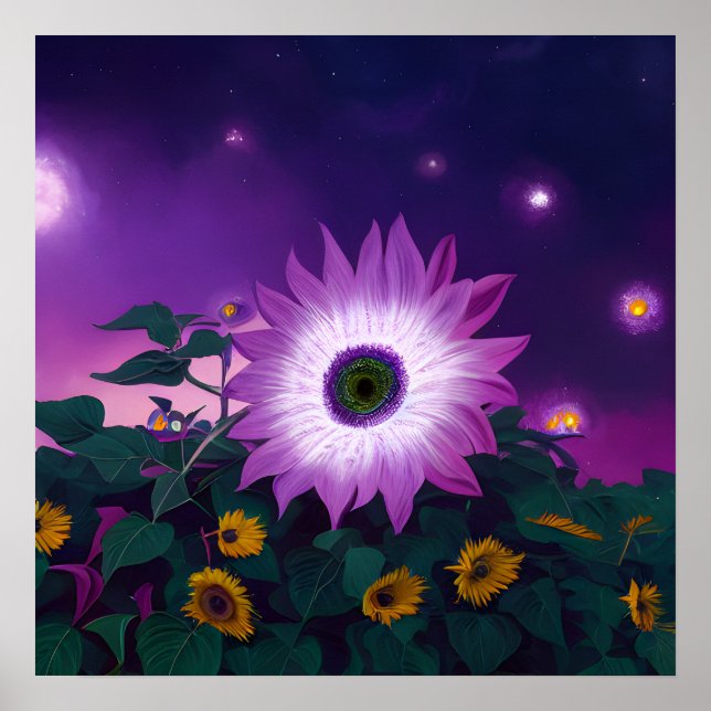 Póster Gran girasol morado en campo (Frente)