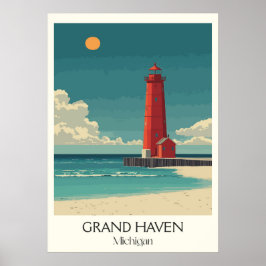 Póster Gran Haven Michigan Vintage Lighthouse Beach Art
