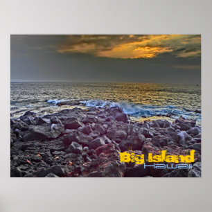 Póster Gran Isla de Hawaii puesta de sol sobre el poster
