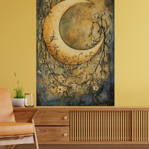 Póster gran luna creciente rodeada de delicadas flores