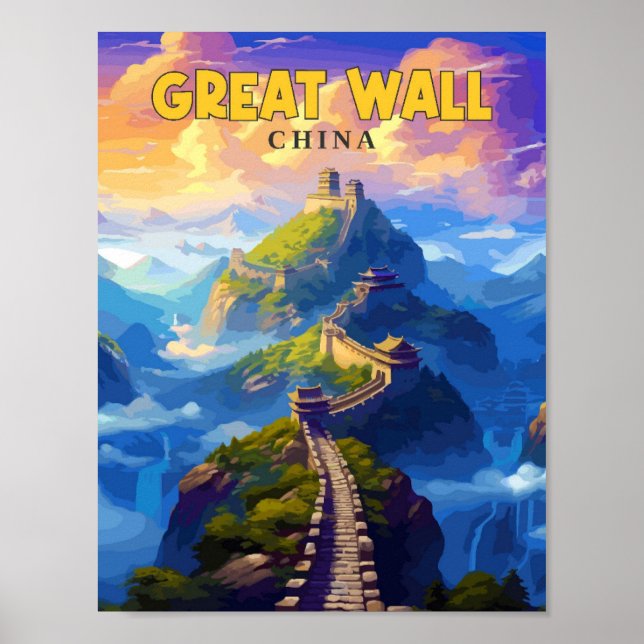 Póster Gran Muralla China ilustracion de viaje vintage (Frente)