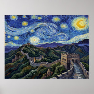 Póster Gran Muralla de China Noche Estrellada Paisaje His