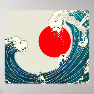 Póster GRAN OLA Y ROJO SOL Azul Blanco Náutico