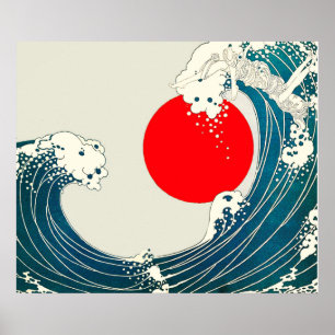 Póster GRAN OLA Y ROJO SOL Azul Blanco Náutico