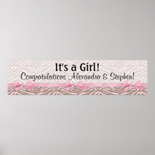 Póster GRAN pancarta de Baby Shower rosa y cebra marrón