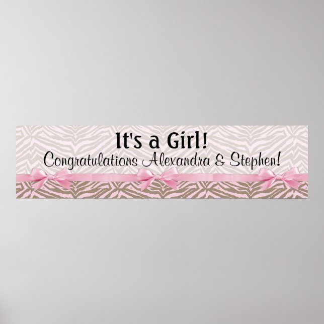Póster GRAN pancarta de Baby Shower rosa y cebra marrón (Frente)