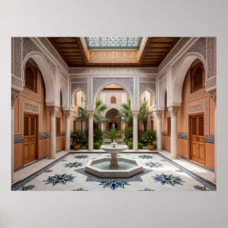 Póster Gran Patio de Riad Marroquí con Fuente de Mármol