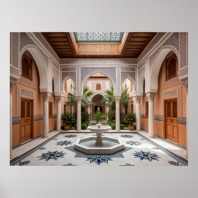 Póster Gran Patio de Riad Marroquí con Fuente de Mármol (Frente)