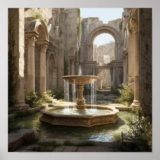 Póster Gran patio romano de ruinas con fuente ornada (Frente)