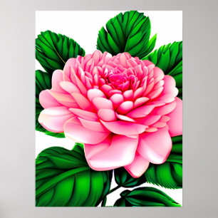 Póster Gran Peón Rosa con hojas verdes esmeraldas