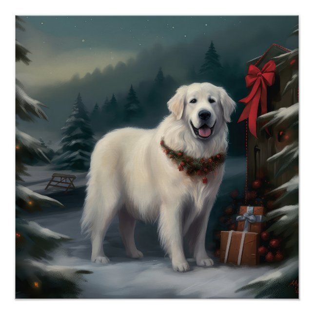 Póster Gran perro de los Pirineos en Navidades de nieve (Anverso)