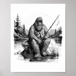 Póster Gran Pie de Pesca Divertido Sasquatch Pescado