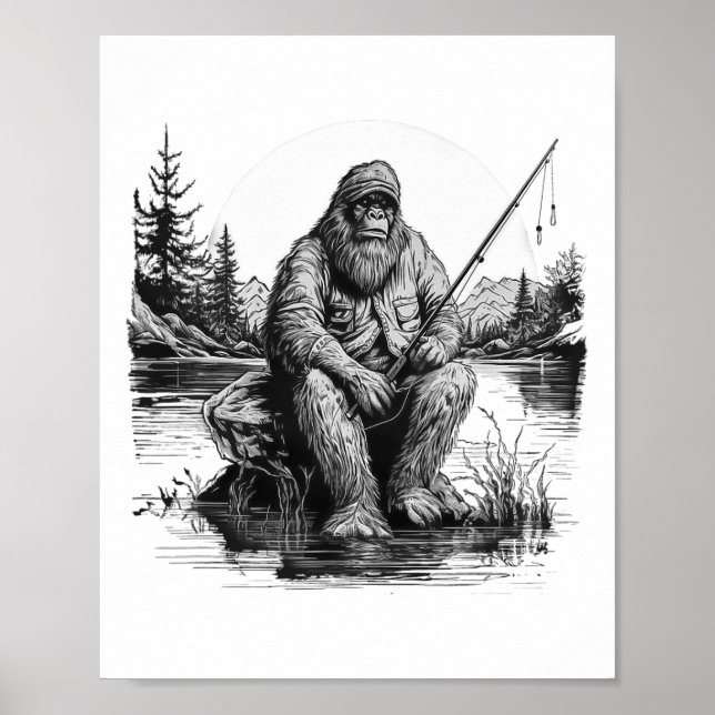 Póster Gran Pie de Pesca Divertido Sasquatch Pescado  (Frente)