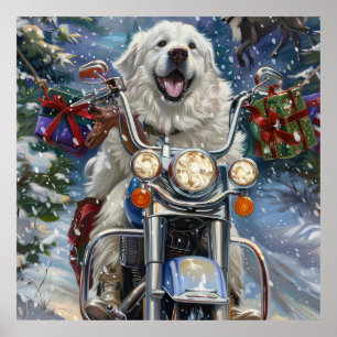 Póster Gran Pirineo Perro Montando Motocicleta Navidad